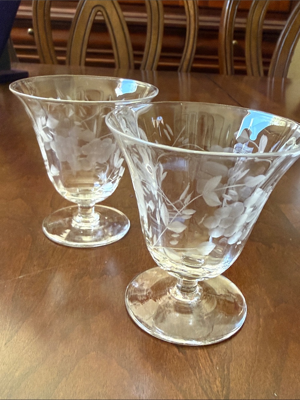 Vintage Rock Sharpe lot of 2 Etched Floral Berry Crystal Buttercup footed glases